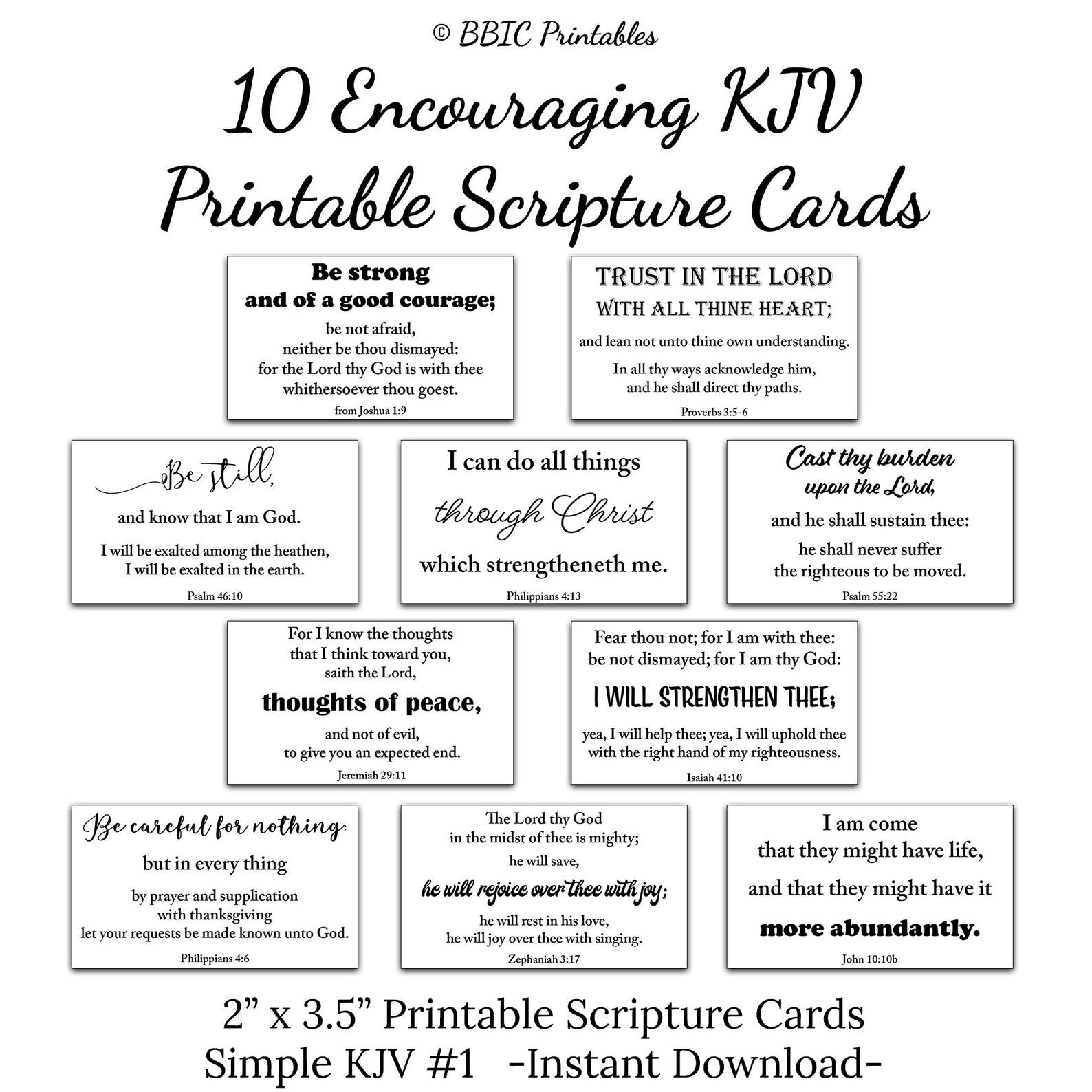 10 KJV Encouraging Printable Scripture Cards C1 Instant DOWNLOAD Simple Bible Verse DIY Print Set Of 10 Be Strong Trust The Lord Be Still Etsy Scripture Printables Verses For Cards Scripture Cards