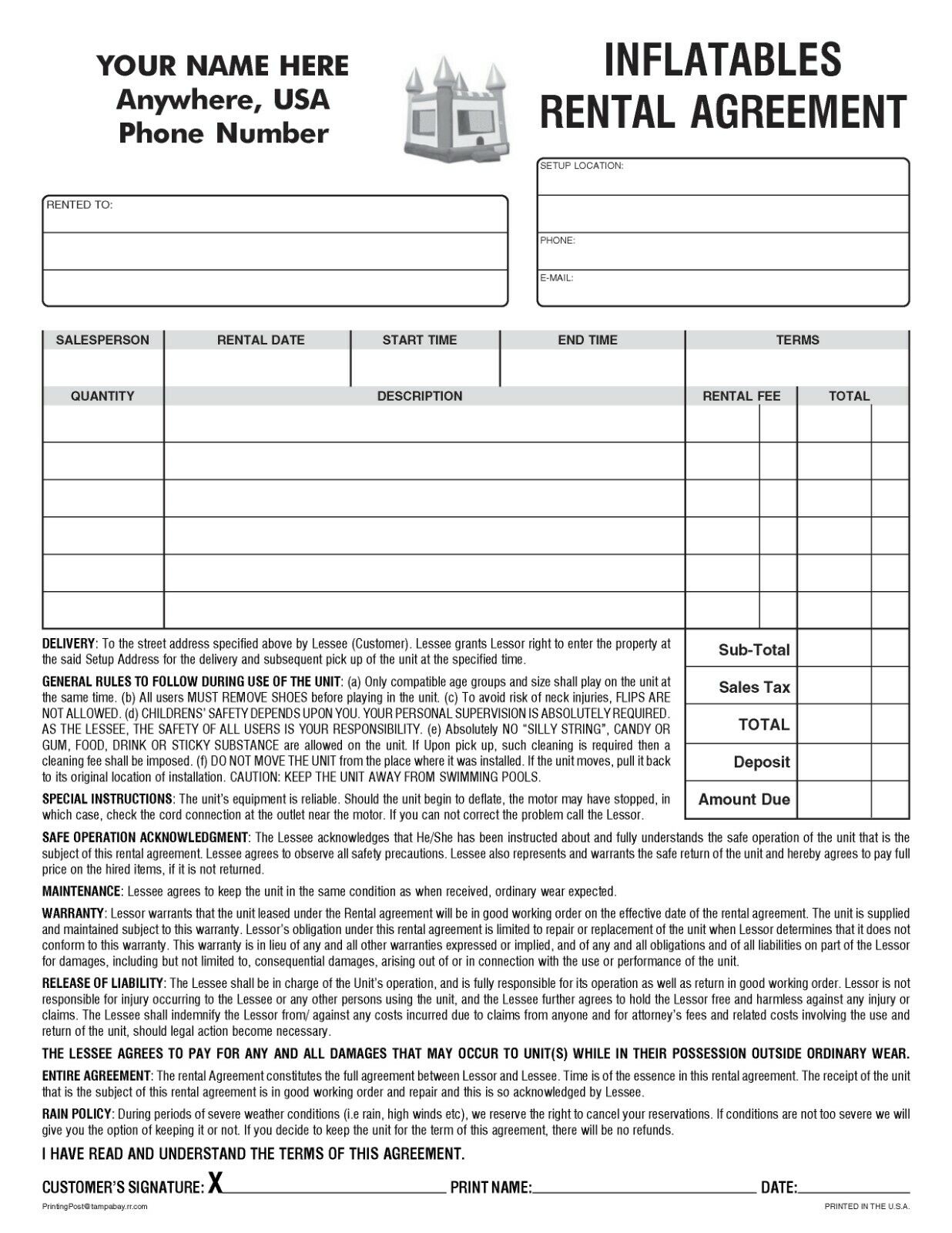 100 Inflatables Bounce House Party Rental Agreement 2 part Forms EBay