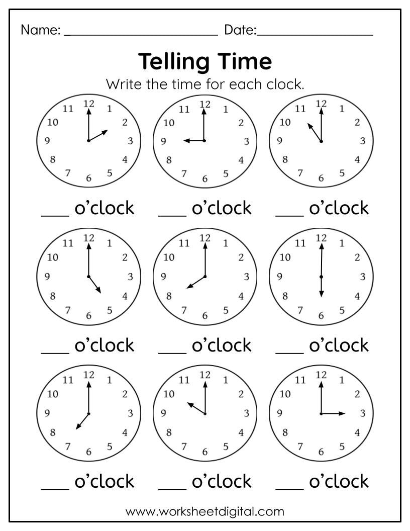 16 Telling Time To The Hour Worksheet Kindergarten First Grade Worksheet Learn To Tell The Time In Digital Analog Clock Homework Practice Etsy