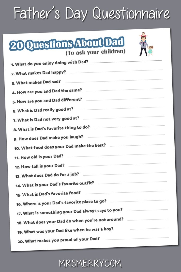 20 Questions About Dad To Ask Your Children Mrs Merry Fathers Day Questionnaire Father s Day Activities Fathers Day