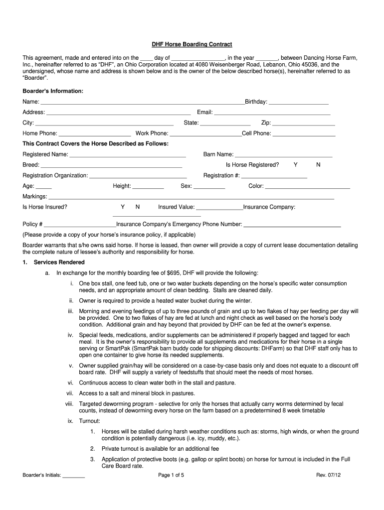 2012 Form OH DHF Horse Boarding Contract Fill Online Printable Fillable Blank PdfFiller