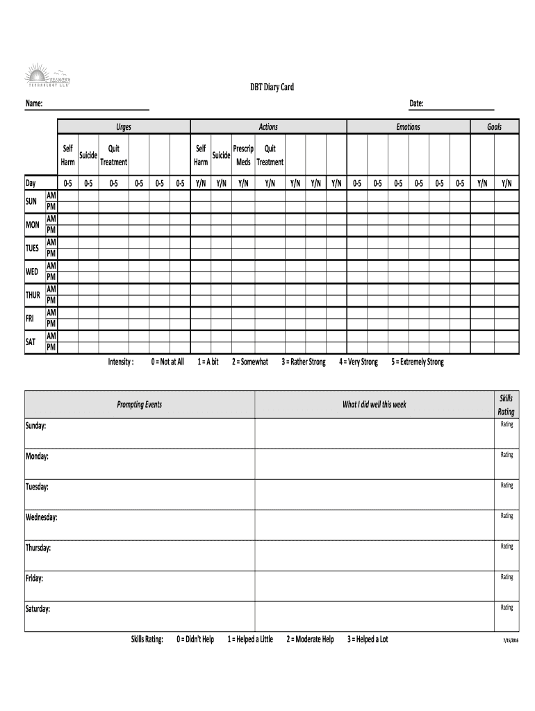 2018 2024 Form Recovery Technology DBT Diary Card Fill Online Printable Fillable Blank PdfFiller