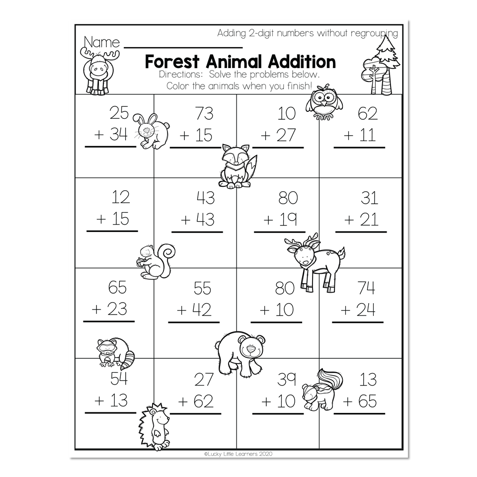 2nd Grade Math Worksheets 2 Digit Addition Without Regrouping Forest Animal Addition Lucky Little Learners