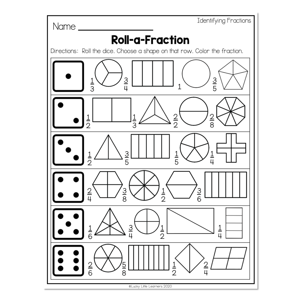 2nd Grade Math Worksheets Geometry Identifying Fractions Roll a Fraction Lucky Little Learners