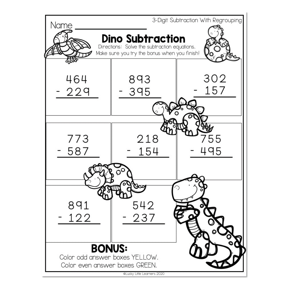 2nd Grade Math Worksheets Place Value 3 Digit Subtraction With Regrouping Dino Subtraction Lucky Little Learners