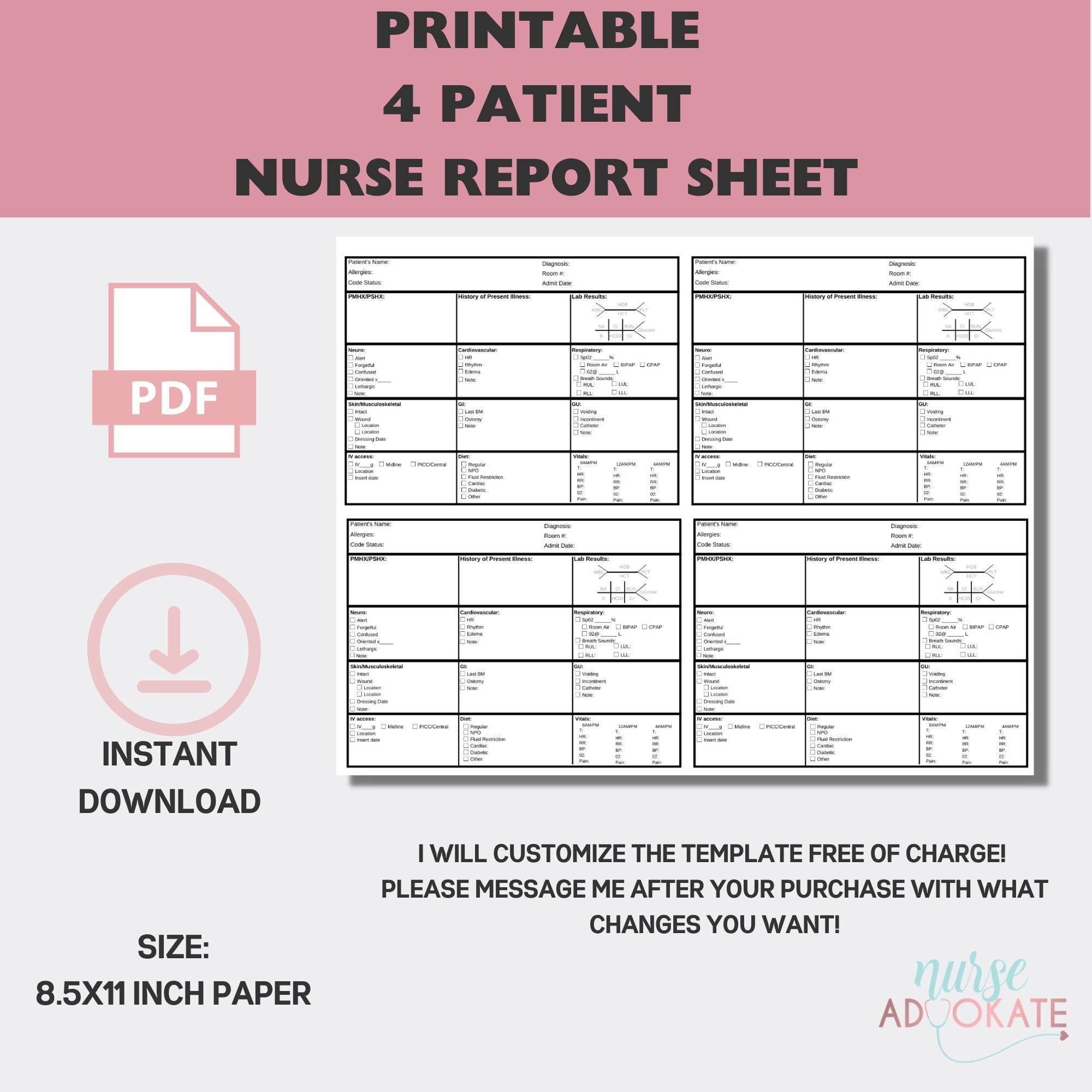 Printable Nurse Brain Sheet 4 Patients