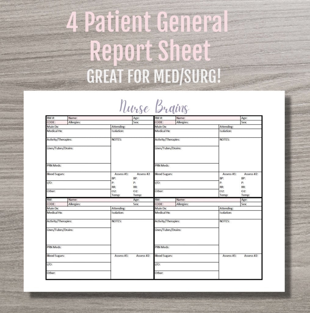 4 Patient Nurse Report Sheet INSTANT PDF DOWNLOAD Brain Sheet Great For Med surg Print Yourself Etsy