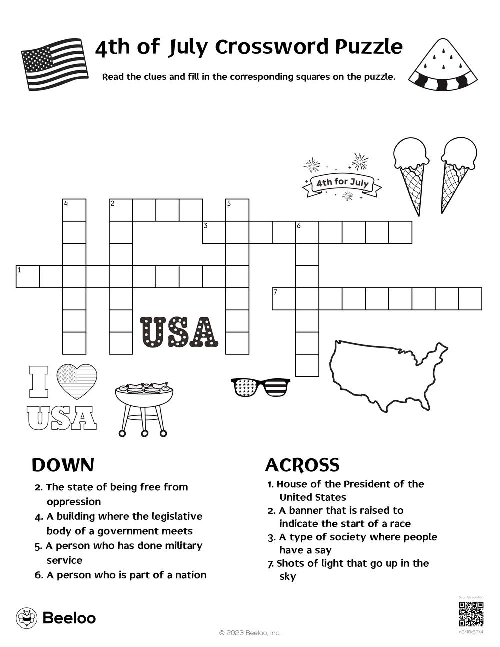 4th Of July Crossword Puzzle Beeloo Printable Crafts And Activities For Kids