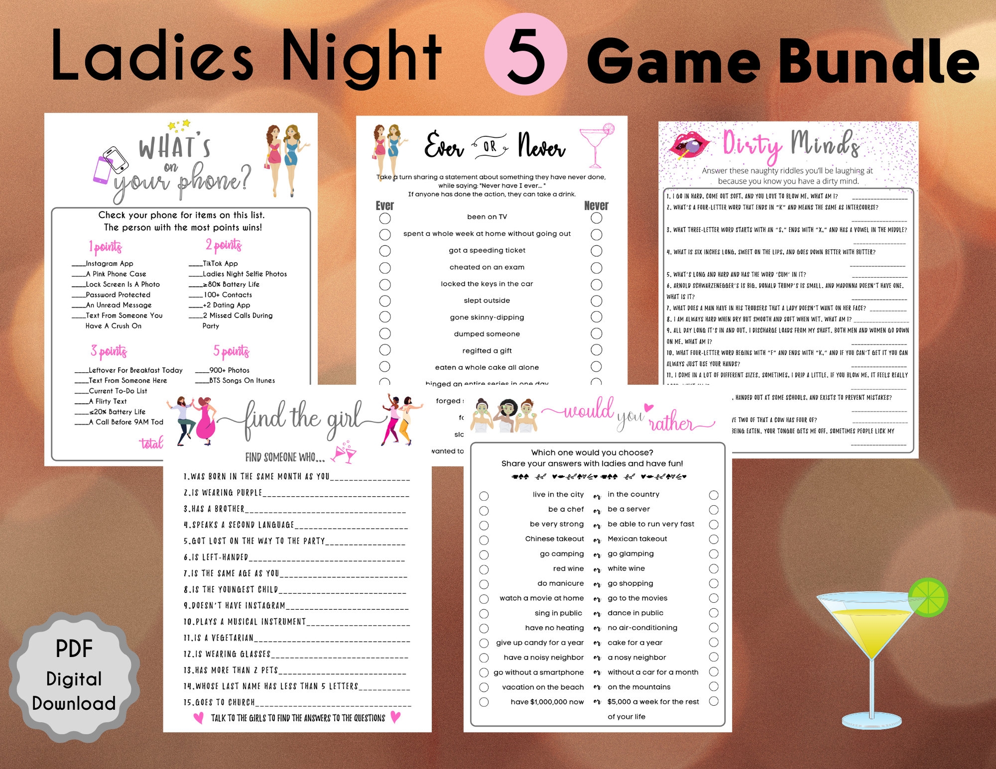 5 Ladies Night Game Bundle Fun Printable Ladies Party Games Fun Girls Night Out Ladies Night Games For Adult Adult Birthday Game Etsy