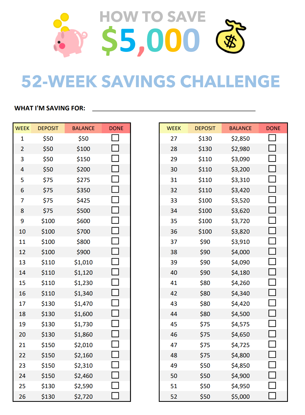 Savings Challenges Printable Free