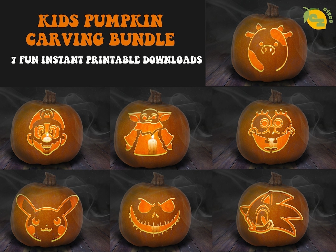7 Printable Kids Jack o lantern Pumpkin Carving Stencil Patterns Halloween Party Bundle Etsy