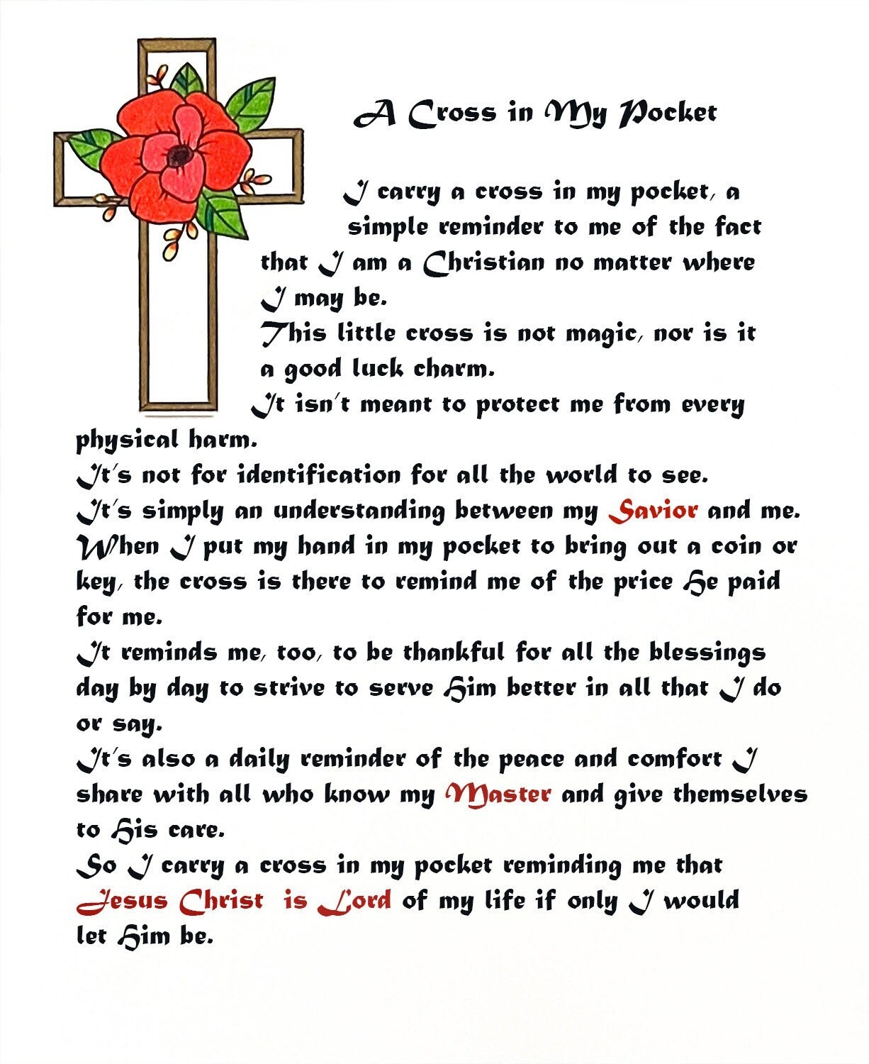 Free Printable Cross In My Pocket Poem