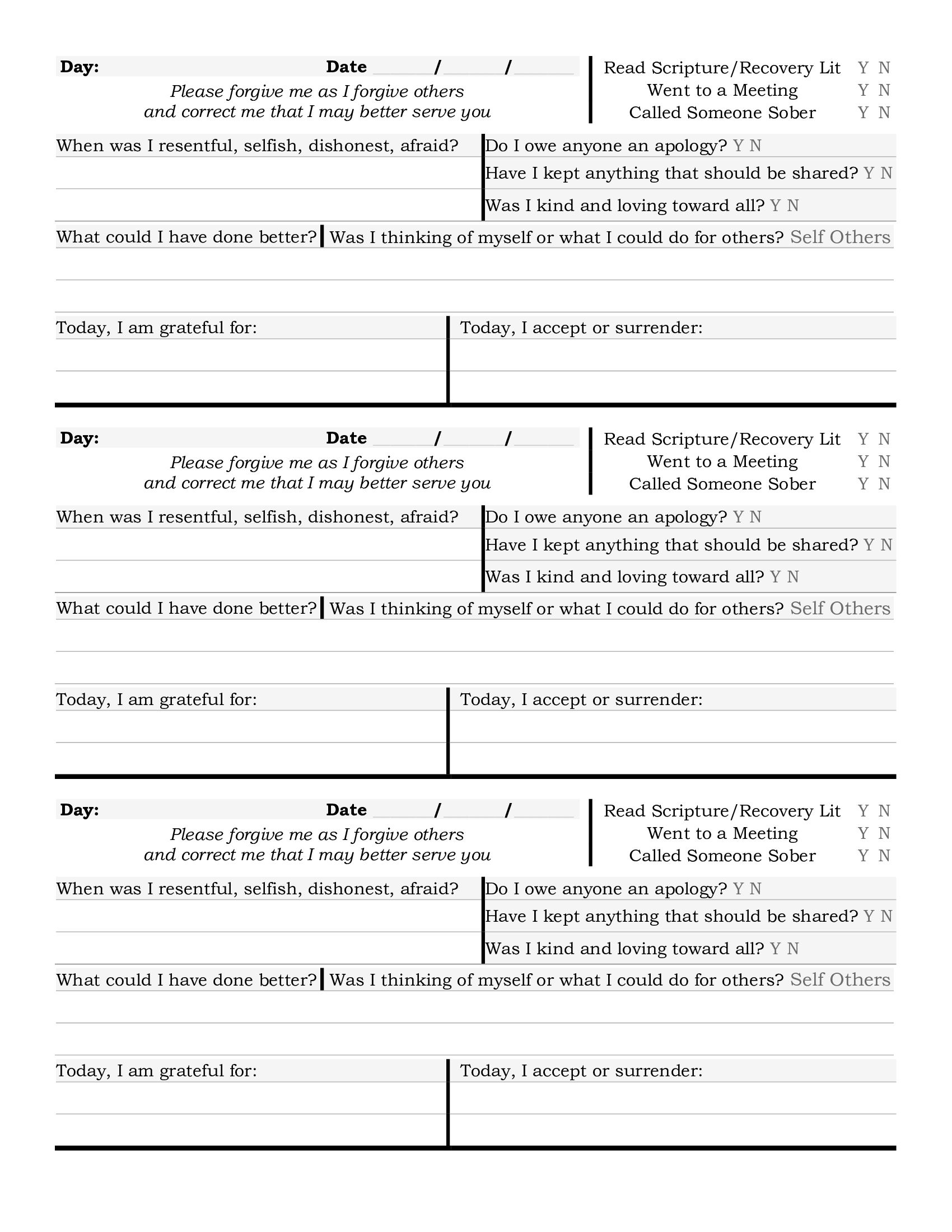 AA Step 10 Nightly Inventory Worksheets