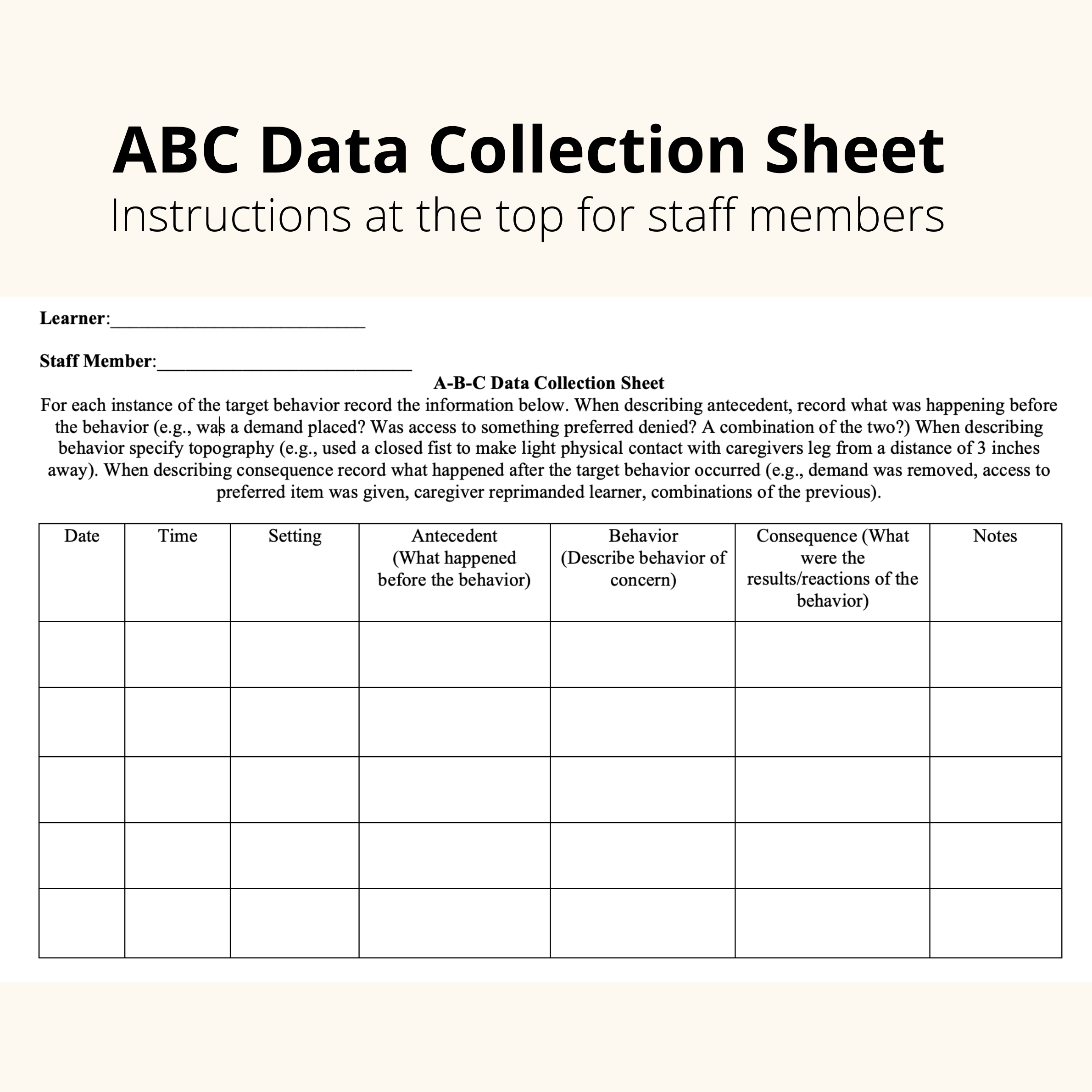 ABC Data Collection Sheet Behavior Analyst Resource Center