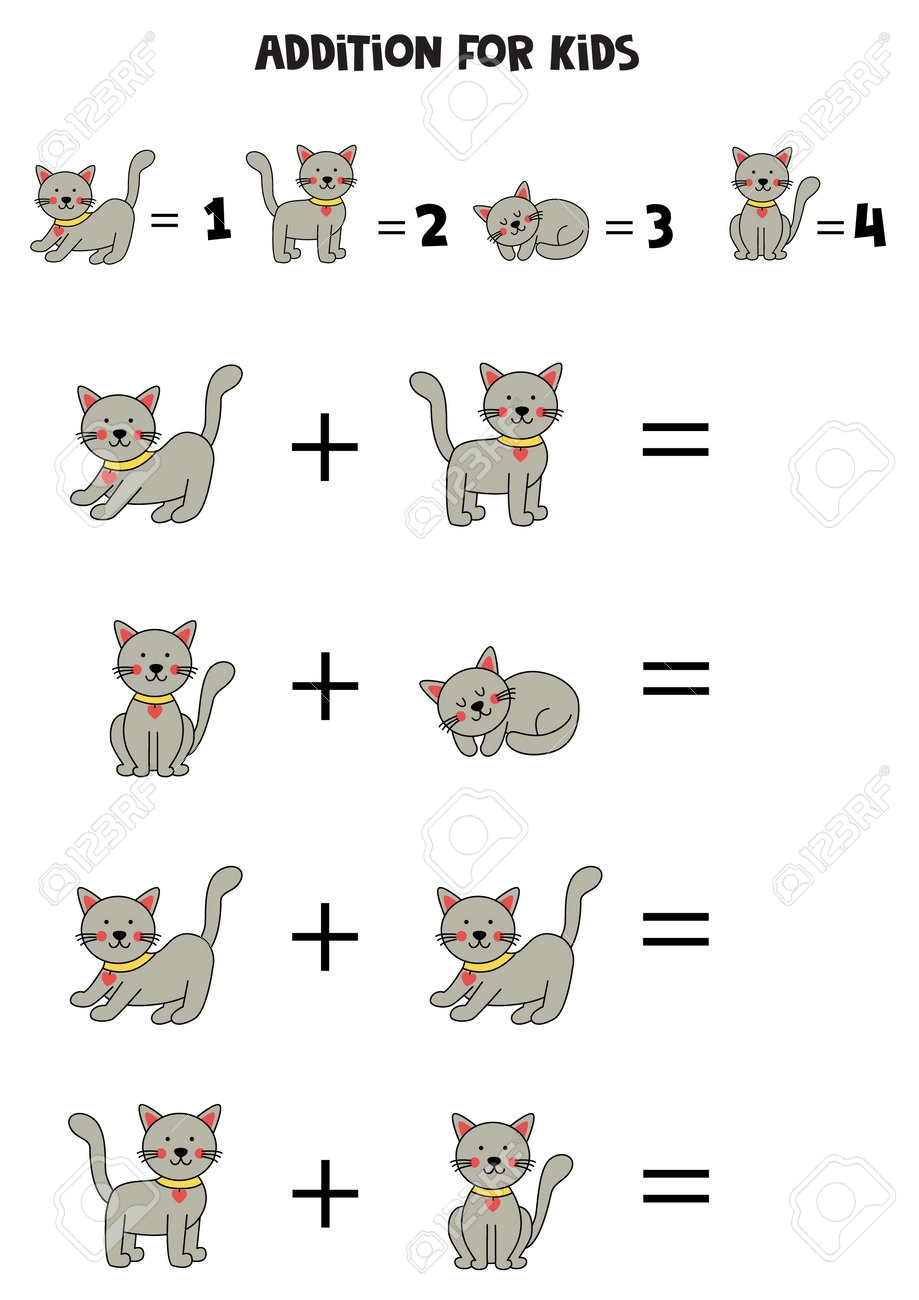 Addition With Cute Gray Cats Educational Math Game For Kids Royalty Free SVG Cliparts Vectors And Stock Illustration Image 191101751 