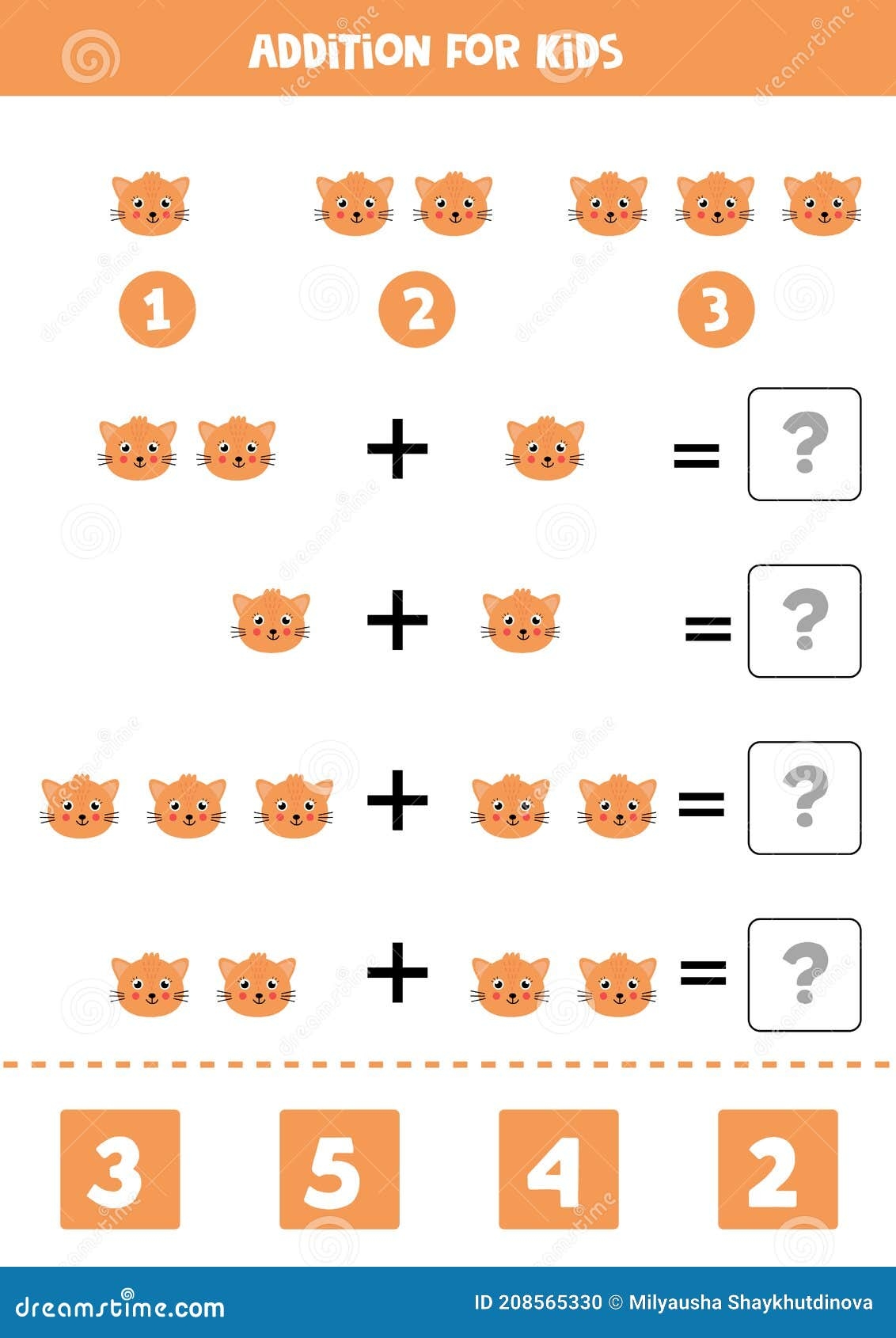 Addition Worksheet With Cartoon Cat Face Math Game Stock Vector Illustration Of Animal Cute 208565330
