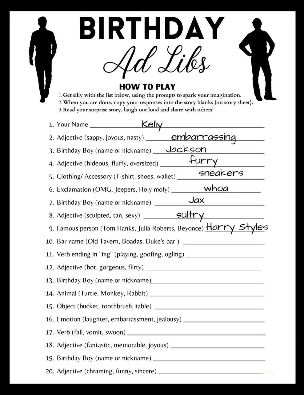 Adult Birthday Ad Libs Game Printable For Funny Story For Birthday Boy Men Birthday Game Sheet Instant Download Etsy