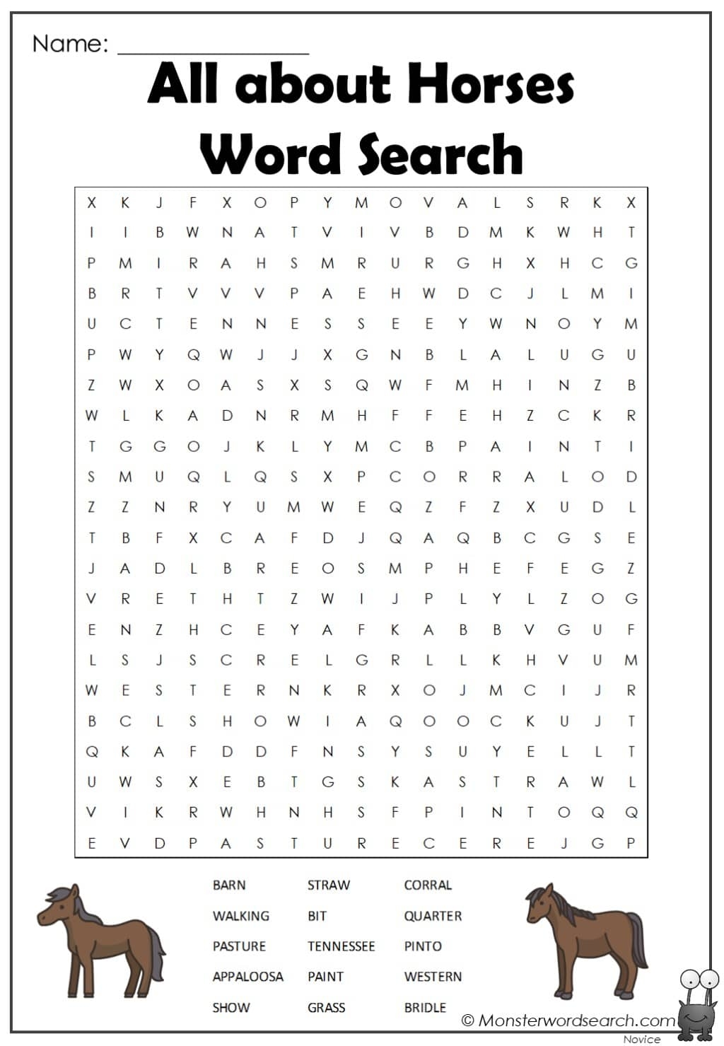 All About Horses Word Search Monster Word Search