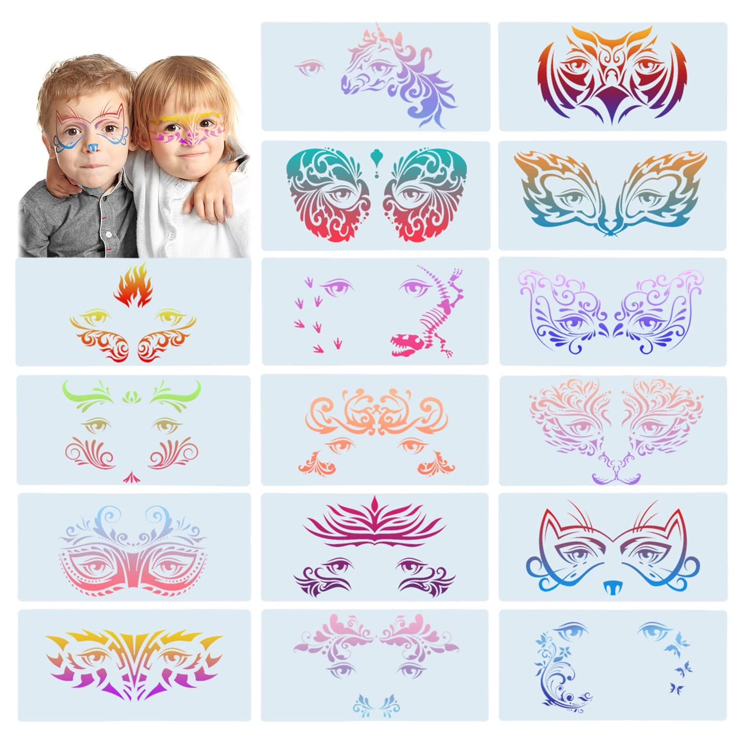 Amazon 16 Pieces Carnival Face Stencils Reusable Face Paint Templates For Kids Adult Tattoo Face Painting Dinosaur Unicorn Pattern Carnival Party Supply 10 X 4 7 Inch