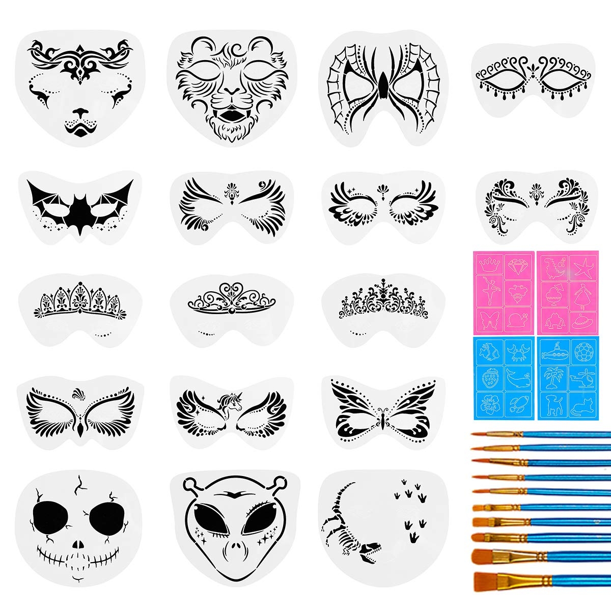 Amazon 31 Pieces Face Stencils Kit 17 Reusable Large Face Paint Stencils 4 Small Stick Paint Stencils And 10 Pieces Painting Brushes For Kids Face Painting Tattoo Stencils Holiday Halloween Makeup 