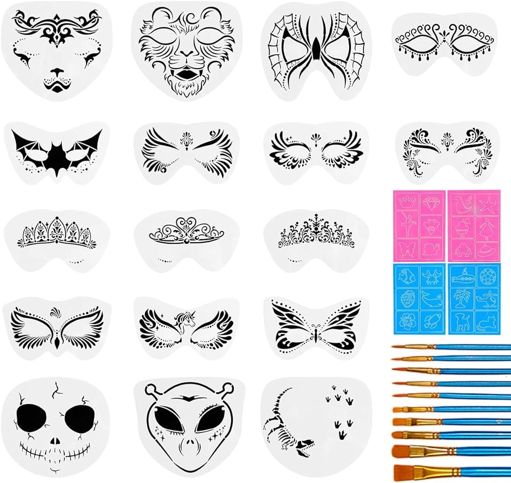 Amazon 31 Pieces Face Stencils Kit 17 Reusable Large Face Paint Stencils 4 Small Stick Paint Stencils And 10 Pieces Painting Brushes For Kids Face Painting Tattoo Stencils Holiday Halloween Makeup 