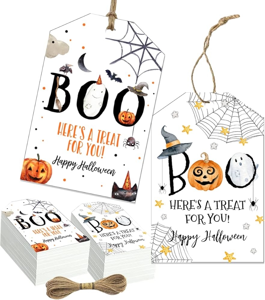 Amazon 50Pcs Halloween Tags With String Halloween Trick Or Treat Spooky Goodie Candy Ghost Tag Happy Boo Day Hanging Gift Label Cute Cartoon Name Cards Gift Wrapping For Halloween Party Halloween 