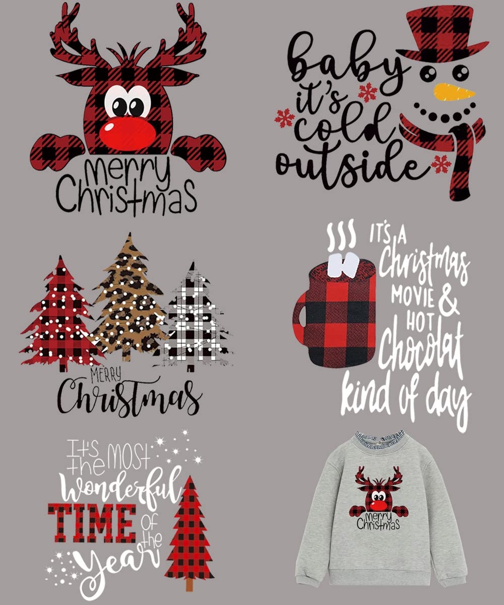 Amazon BYNYTO Christmas Iron On Transfers For T Shirts Classic Buffalo Plaid Iron Patches Black Red Xmas Appliques Elk Tree Snowman Letter Pattern DIY Decals Heat Transfer Stickers For Jackets Hoodies