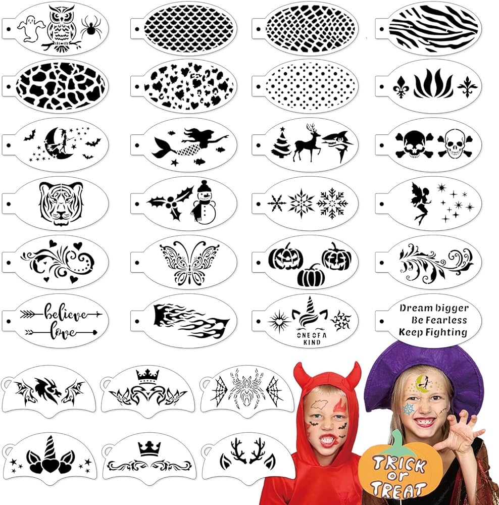 Amazon OOTSR 30PCS Face Paint Stencils For Kids Body Face Painting Template For Party Holiday Halloween Makeup Art Painting Reusable Soft Tattoo Stencils For Adults Children Arts Crafts 