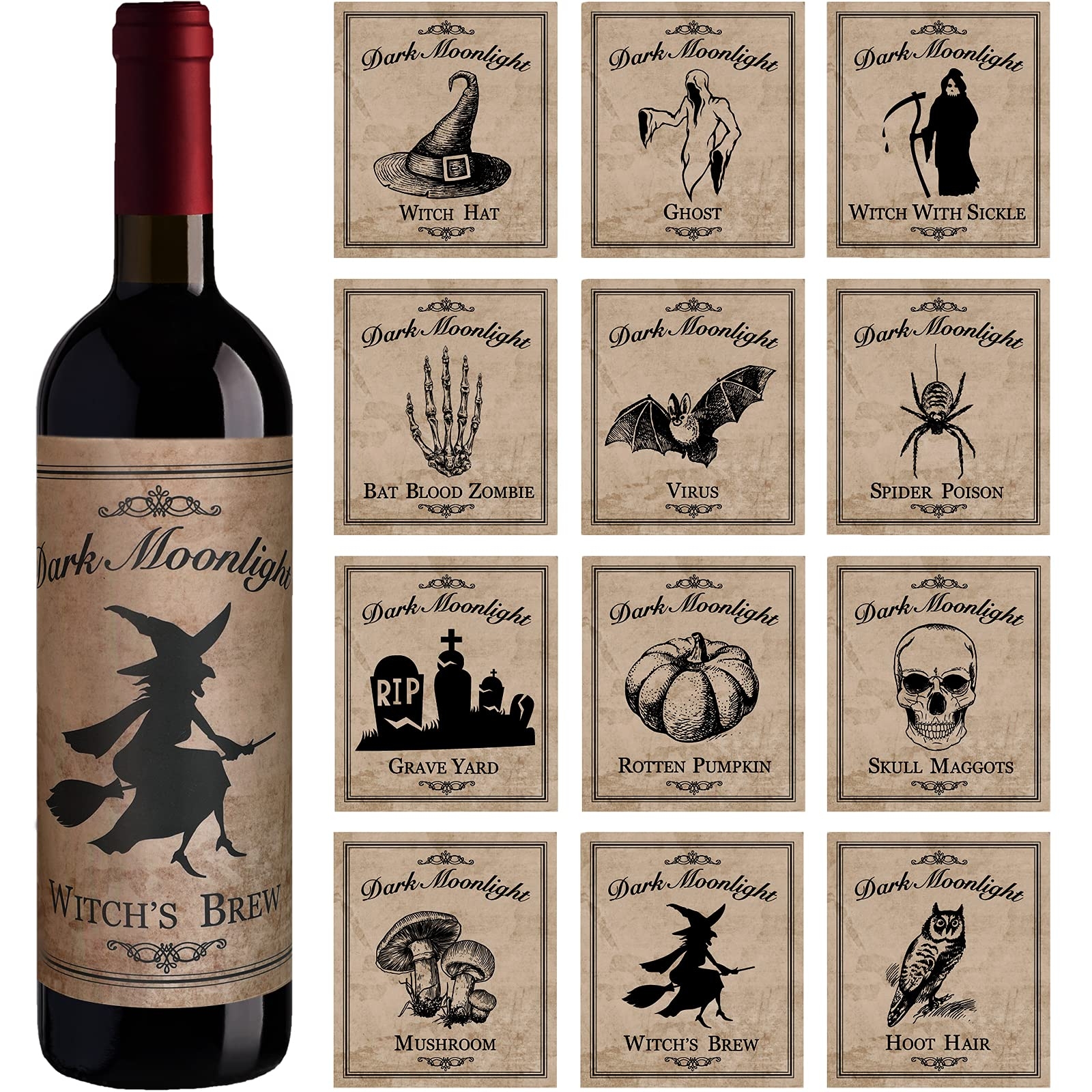 Amazon Perkoop 12 Pieces Halloween Wine Bottle Labels Halloween Beer Bottle Labels Sticker Waterproof Wine Bottle Label Stickers Vintage Bottle Label Stickers With Hat Spider Patterns For Halloween 12 Styles Home 