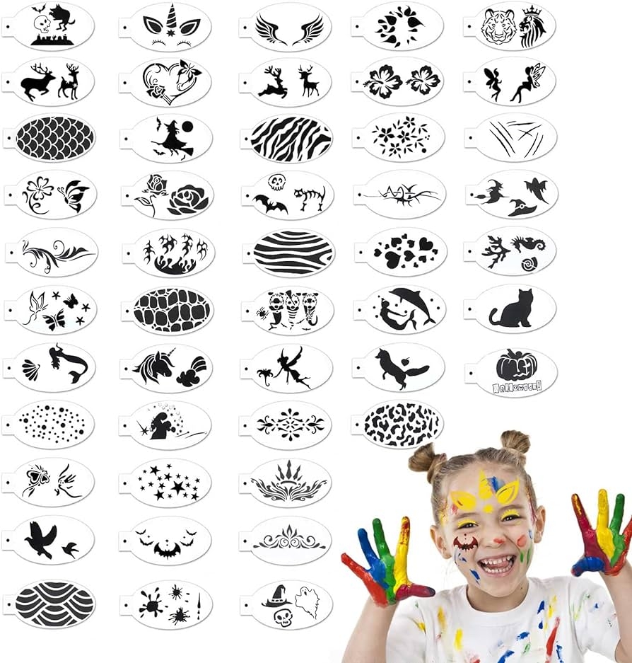 Amazon RYKOMO 48 Pieces Face Paint Stencils Body Facial Painting Stencils Plastic Tattoo Painting Templates Face Tracing Stencils Reusable Makeup Painting Templates For Holiday Halloween Party Arts Crafts Sewing