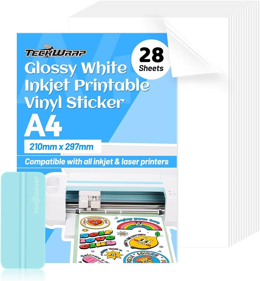 Amazon TECKWRAP Printable Vinyl Sticker Paper For Inkjet Printer Glossy White Inkjet Printable Sticker Paper 8 26 X 11 69 A4 Size For Craft Cutter Scrap booking Home Decor 28 Sheets Pack Office Products