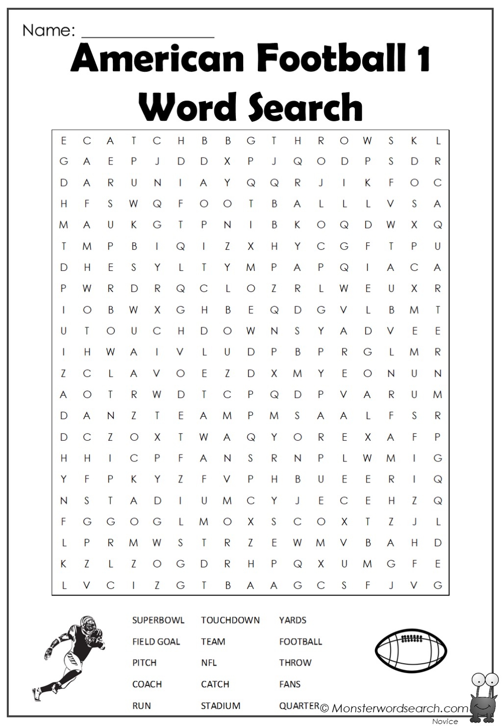 American Football 1 Word Search Monster Word Search