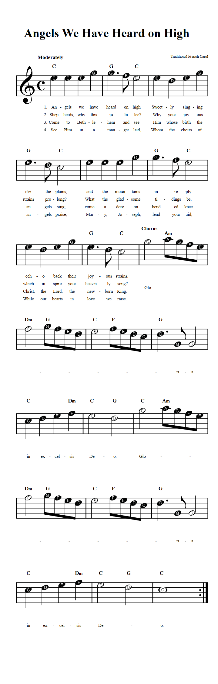 Angels We Have Heard On High Beginner Sheet Music With Chords And Lyrics