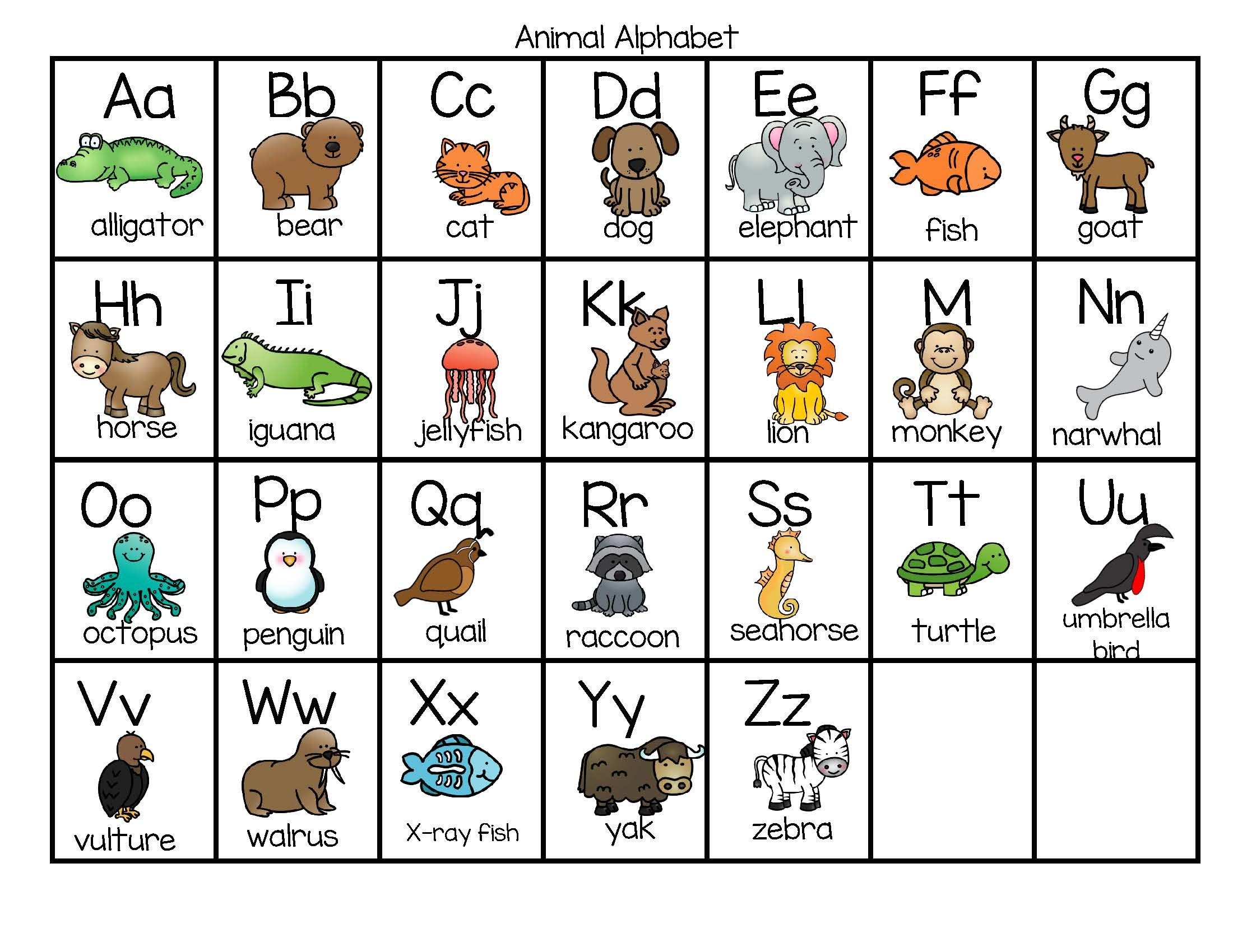 Animal Alphabet Charts In Color And BW FREE Alphabet Charts Animal Alphabet Alphabet Preschool