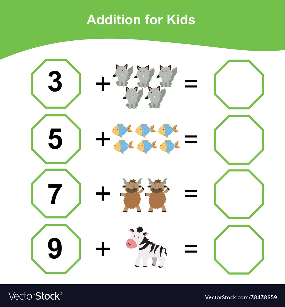 Animals Addition Game Worksheet For Kids Vector Image