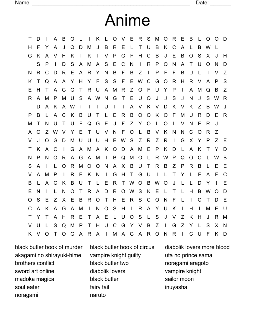 Anime Word Search WordMint