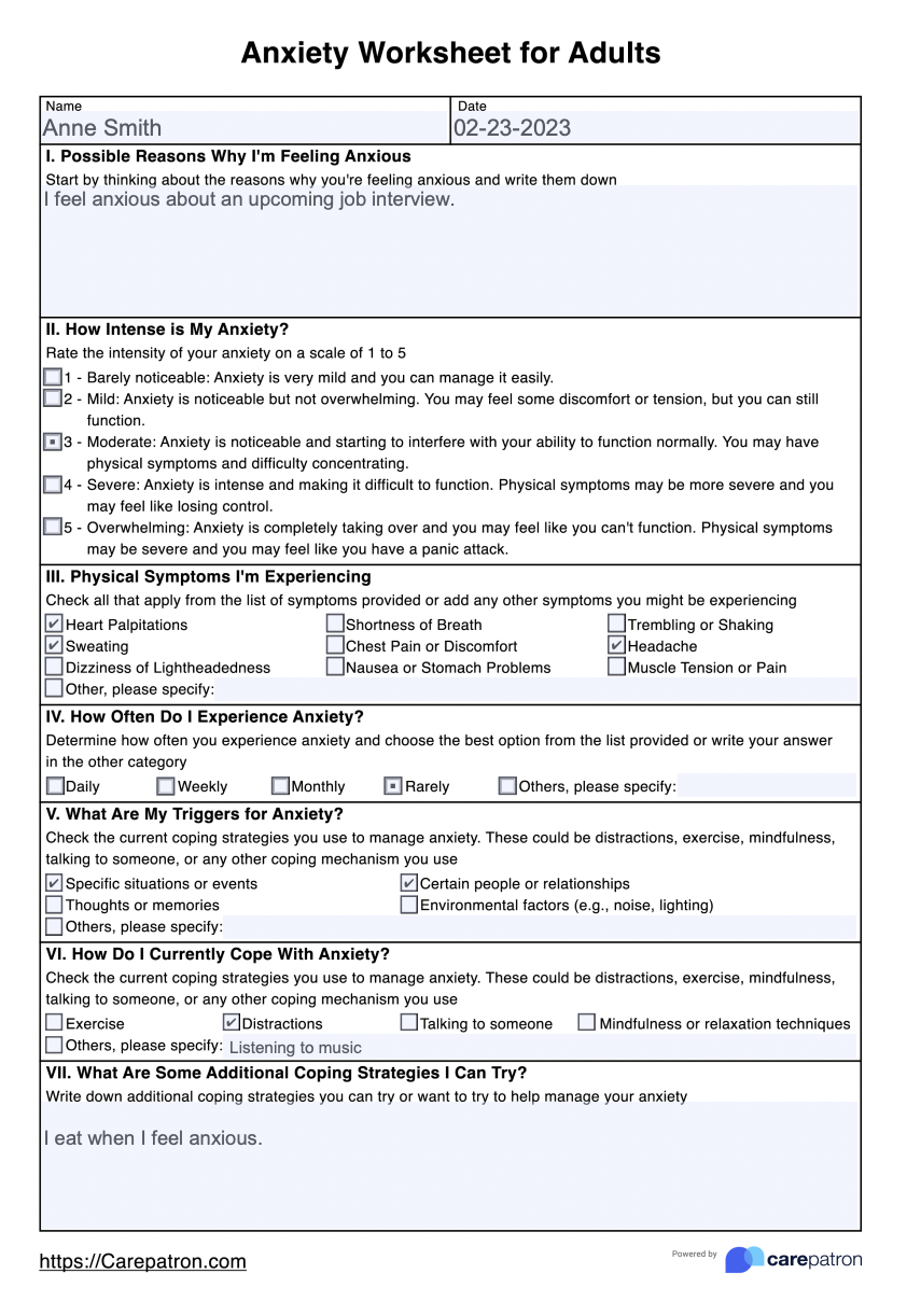 Anxiety Worksheets For Adults Example Free PDF Download