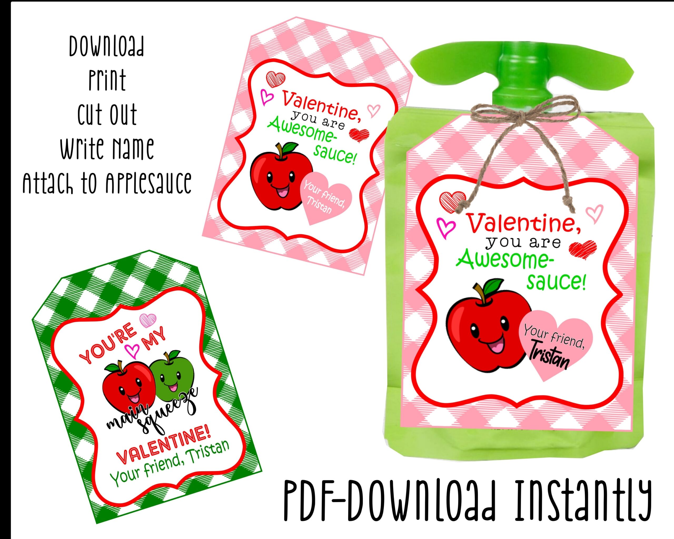 Applesauce Pouch Valentine s Day Tag Label Printable Instant Download Print At Home Printable Valentine Cards For Kids Etsy