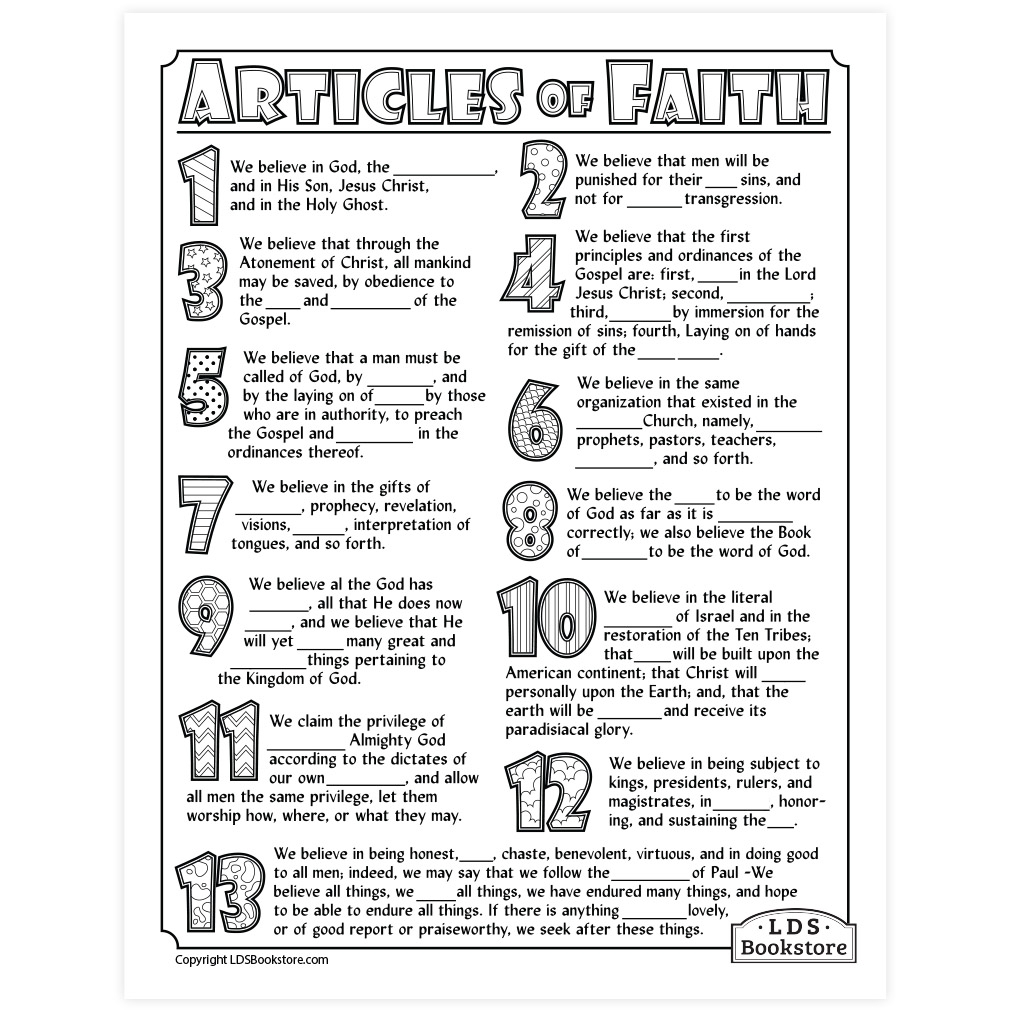 Articles Of Faith Coloring Activity Page Printable