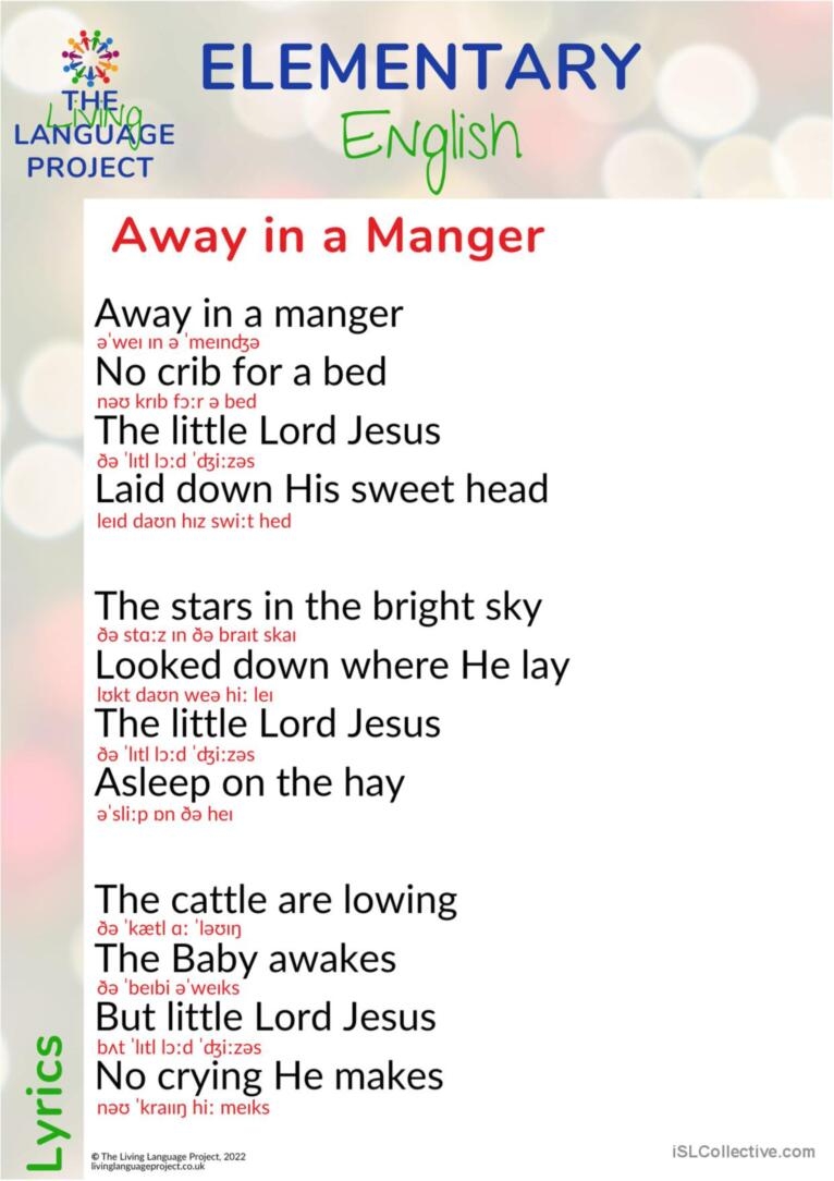 Away In A Manger Lyrics General Vo English ESL Worksheets Pdf Doc