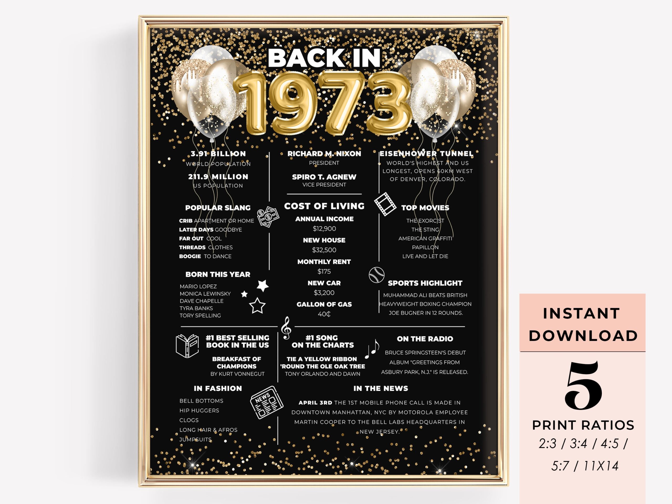 Back In 1973 50th Birthday Poster Printable 50th Class Reunion Party Decorations 50th Anniversary Gift Life In 1973 Fun Facts Trivia Sign Etsy