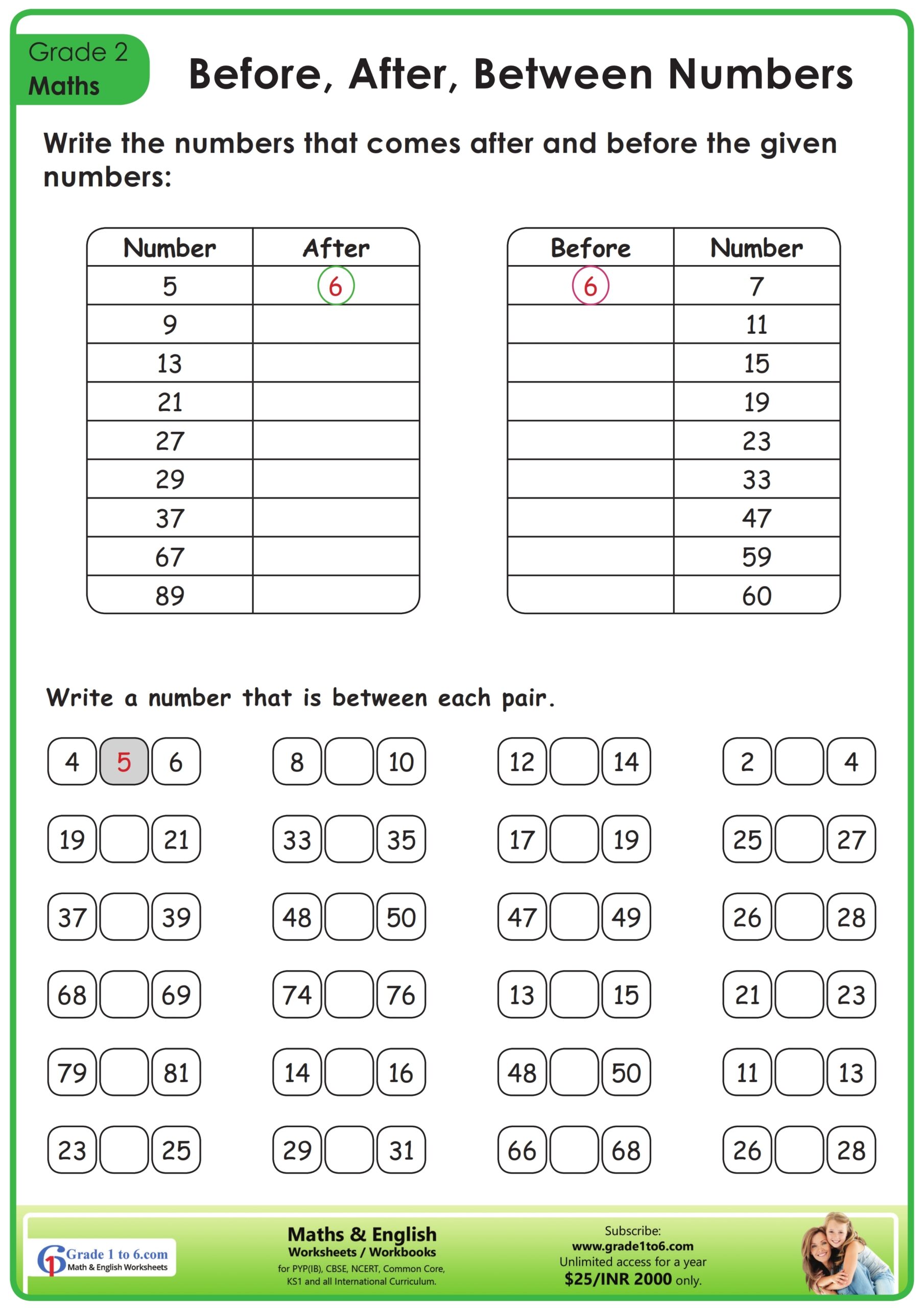 Before After And Between Number Worksheet Grade1to6