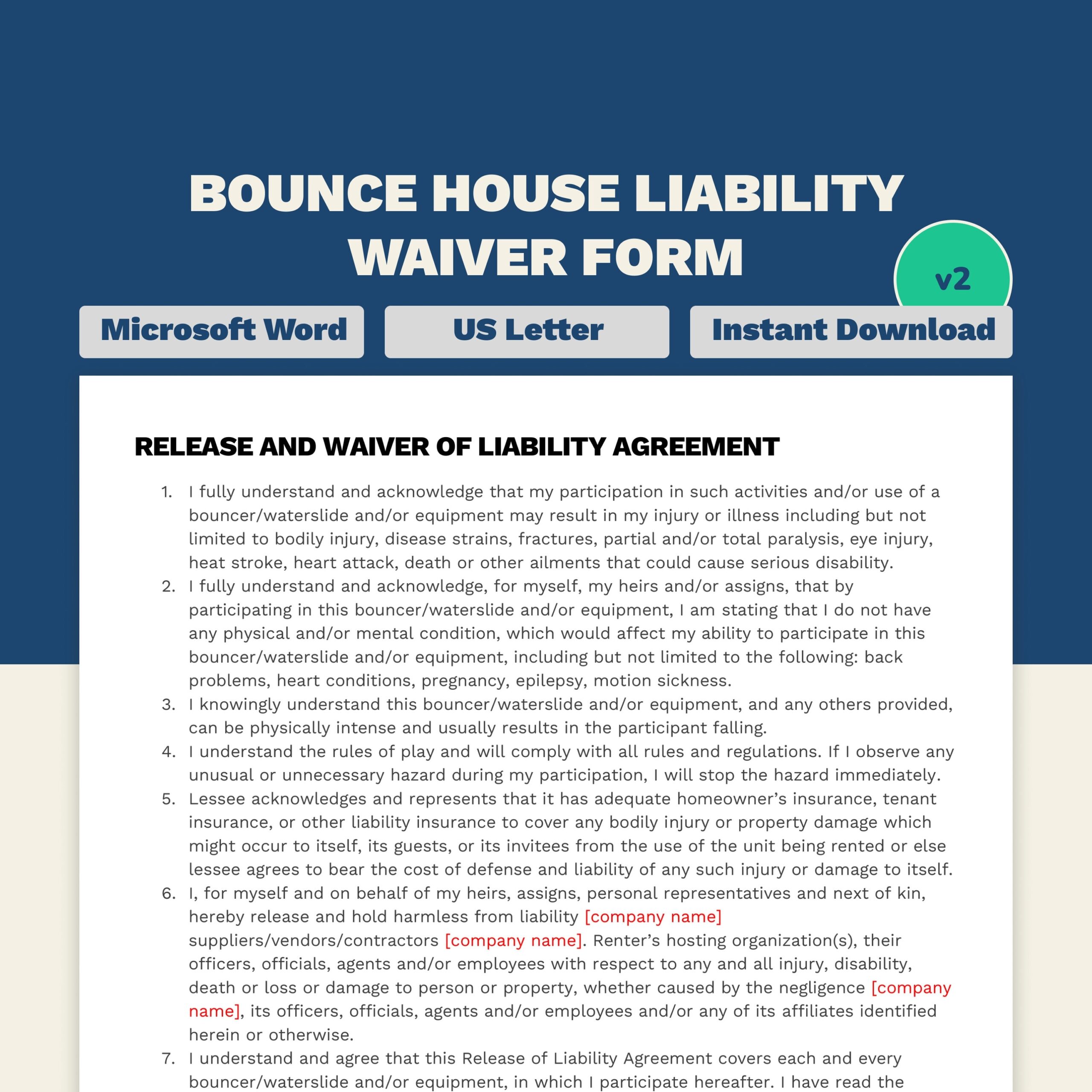 Bounce House Waiver Of Liability Form Letter Size Word Template Etsy