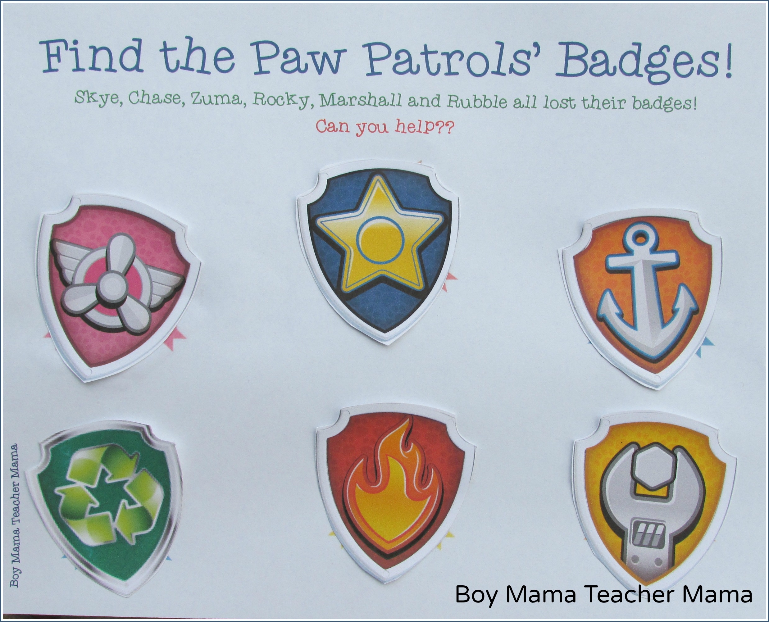 Boy Mama FREE Paw Patrol Find The Badge Printable Game Boy Mama Teacher Mama