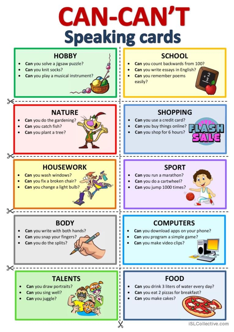 Can Can t Speaking Cards Vocabular English ESL Worksheets Pdf Doc