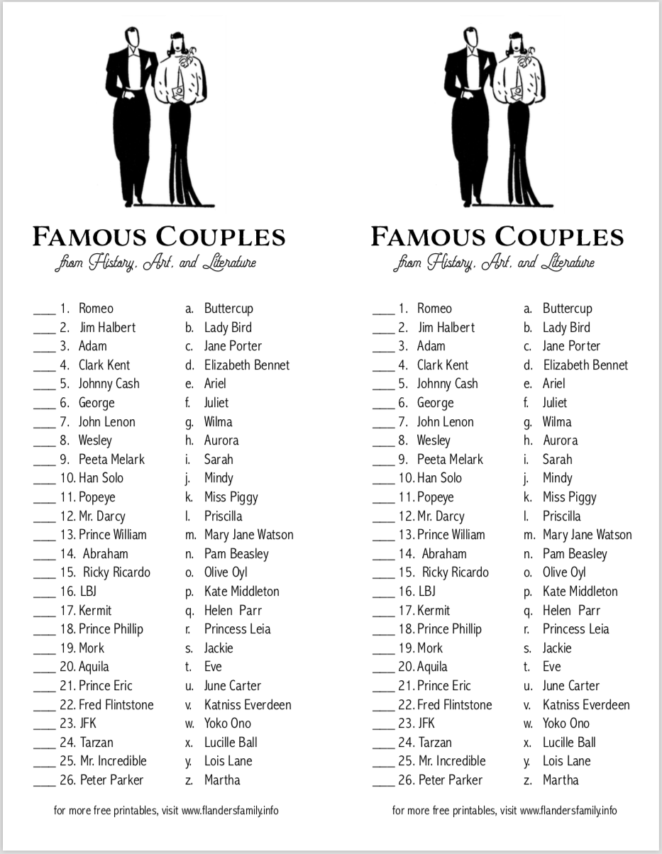 Can You Match These Famous Couples Free Printable showergames freeprintable wedding Famous Couples Couples Trivia Couple Games