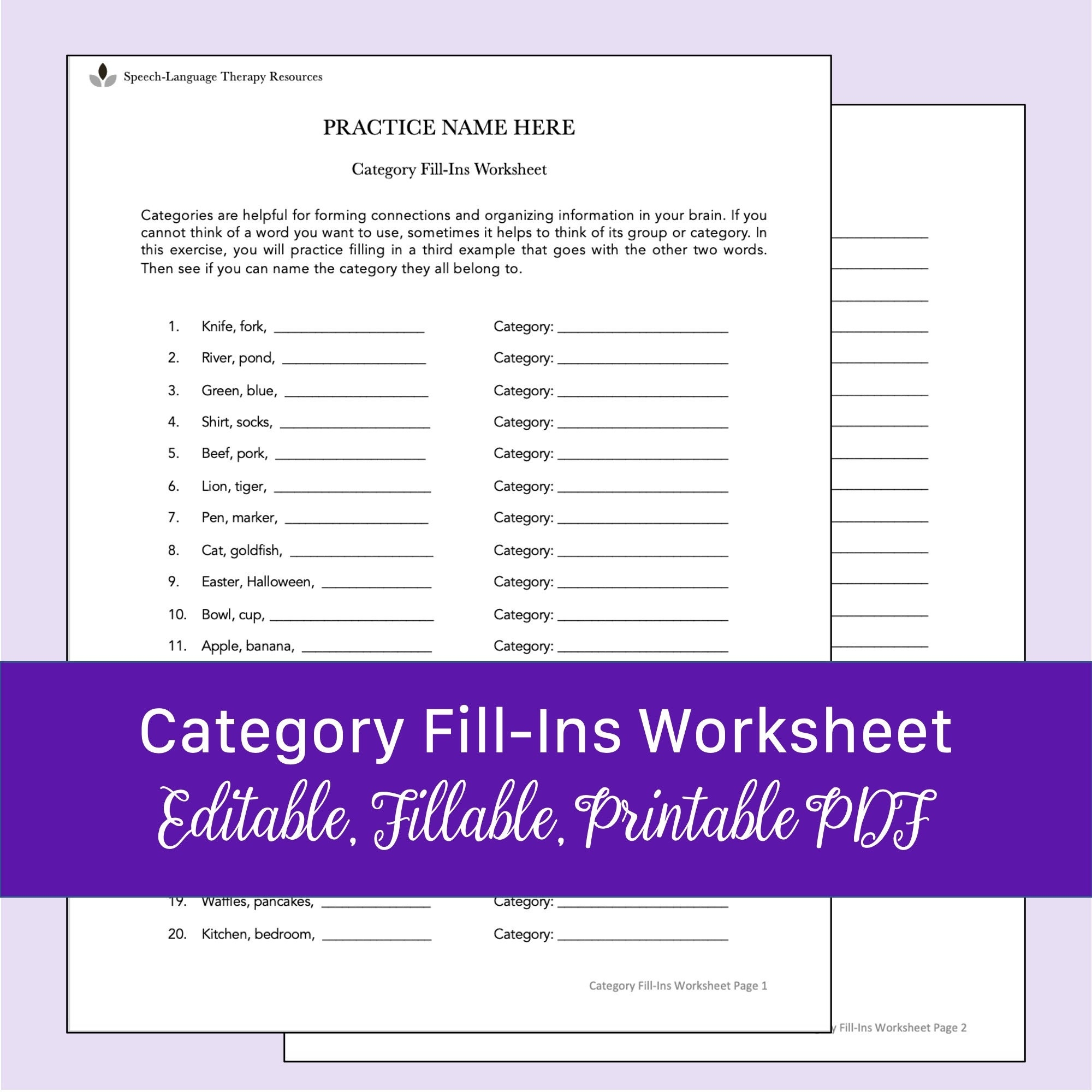 Category Fill ins Worksheet For Aphasia Fillable Printable PDF Etsy