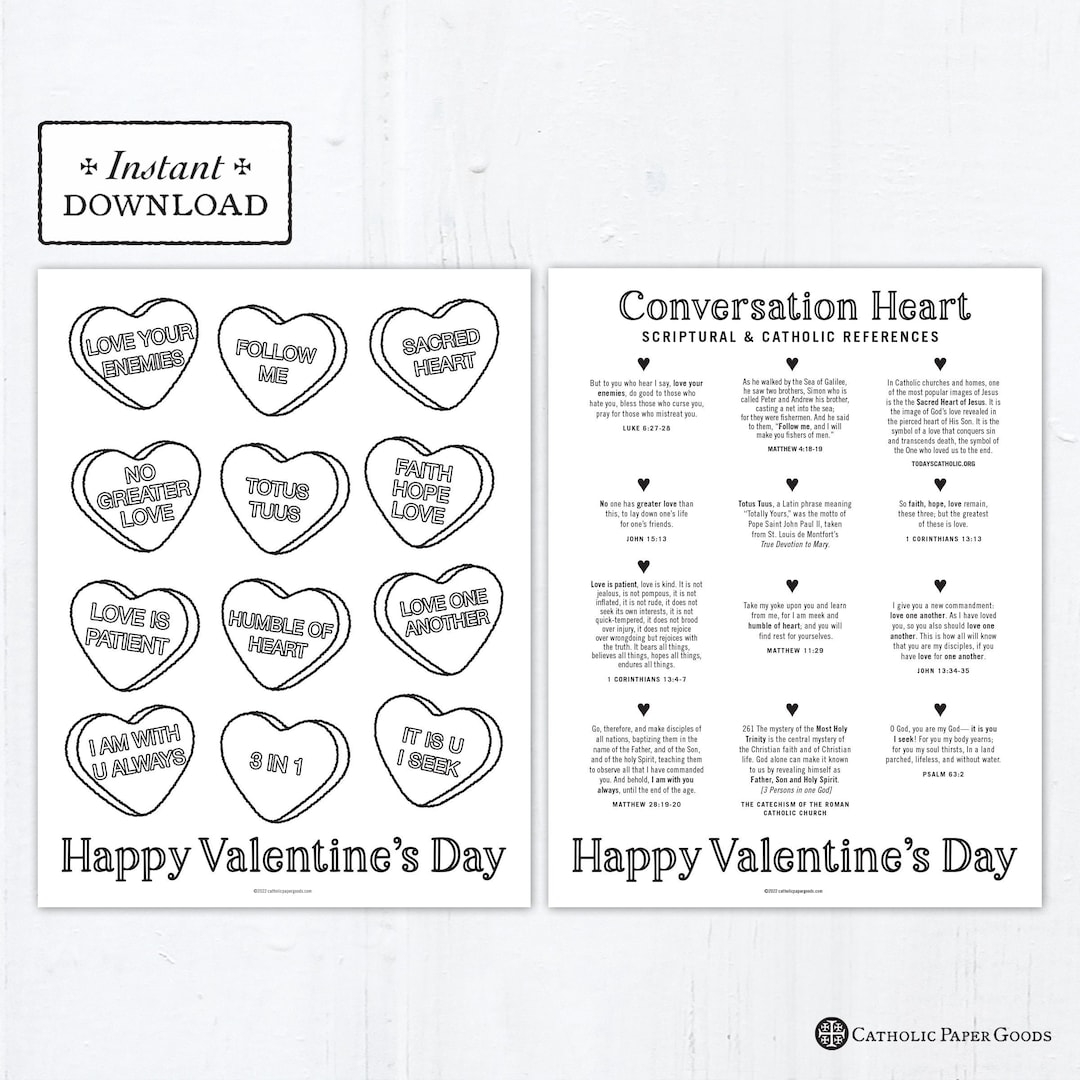 Catholic Conversation Hearts Coloring Page Catholic Valentine s Day Printable Coloring Page Digital PDF Valentine s Day Coloring Page Etsy
