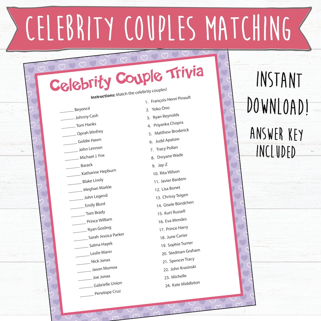 Celebrity Couples Matching Game Instant Download Famous Couples Valentine s Games Bridal Shower Games Printable Party Games Etsy