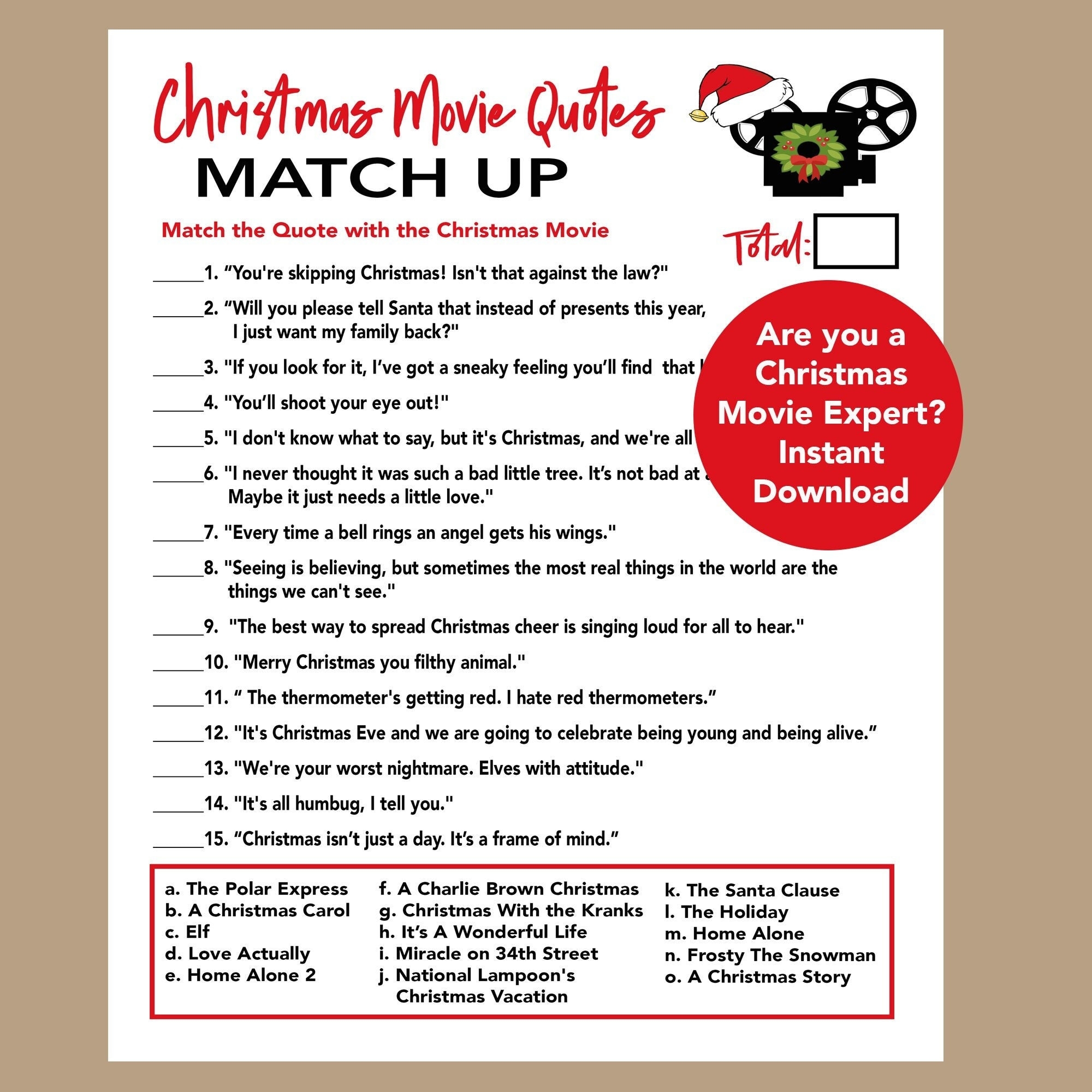 Christmas Movie Quotes Trivia Game Christmas Party Printable Game Office Party Game Fun Holiday Games Kids Tween Teens Adults Etsy